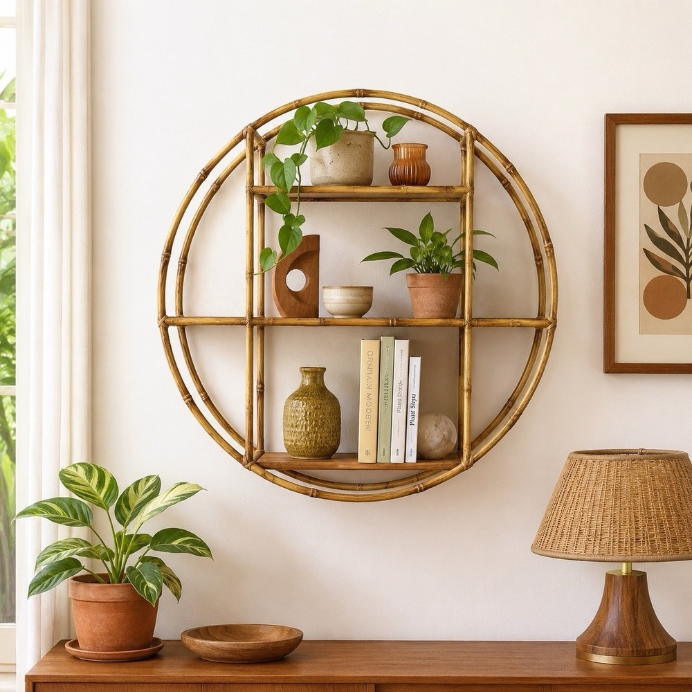 Y2K Faux Bamboo Round Wall Shelf 24" Metal Boho Coastal MCM Style 3 Tier
